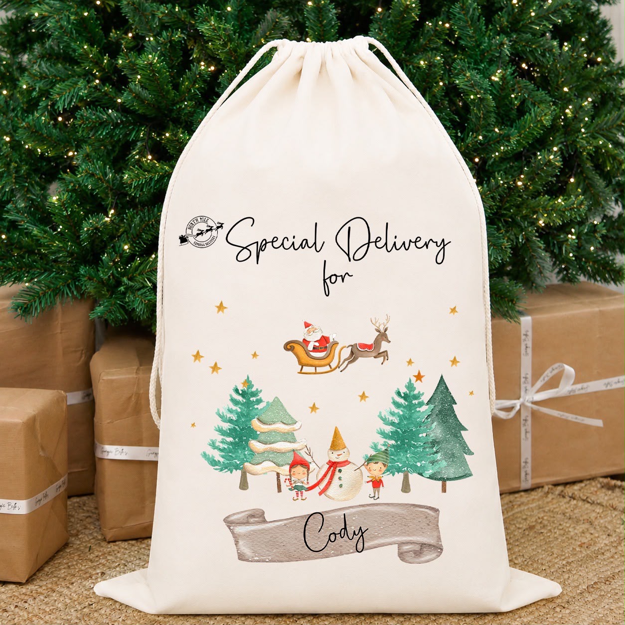 Luxury Personalised Premium Cotton Christmas Sack | Personalised Santa Sack | Classic Sleigh Design