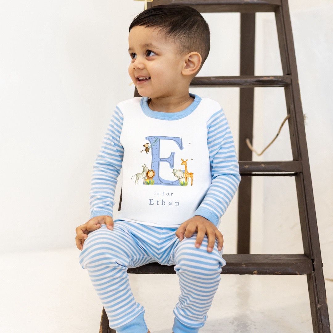 Personalised Boys Gifting Pyjamas Blue Stripe - Safari Initial Design