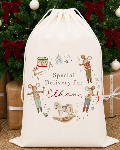 Luxury Personalised Premium Cotton Christmas Sack | Personalised Santa Sack | Red Boy Mice Wreath Design