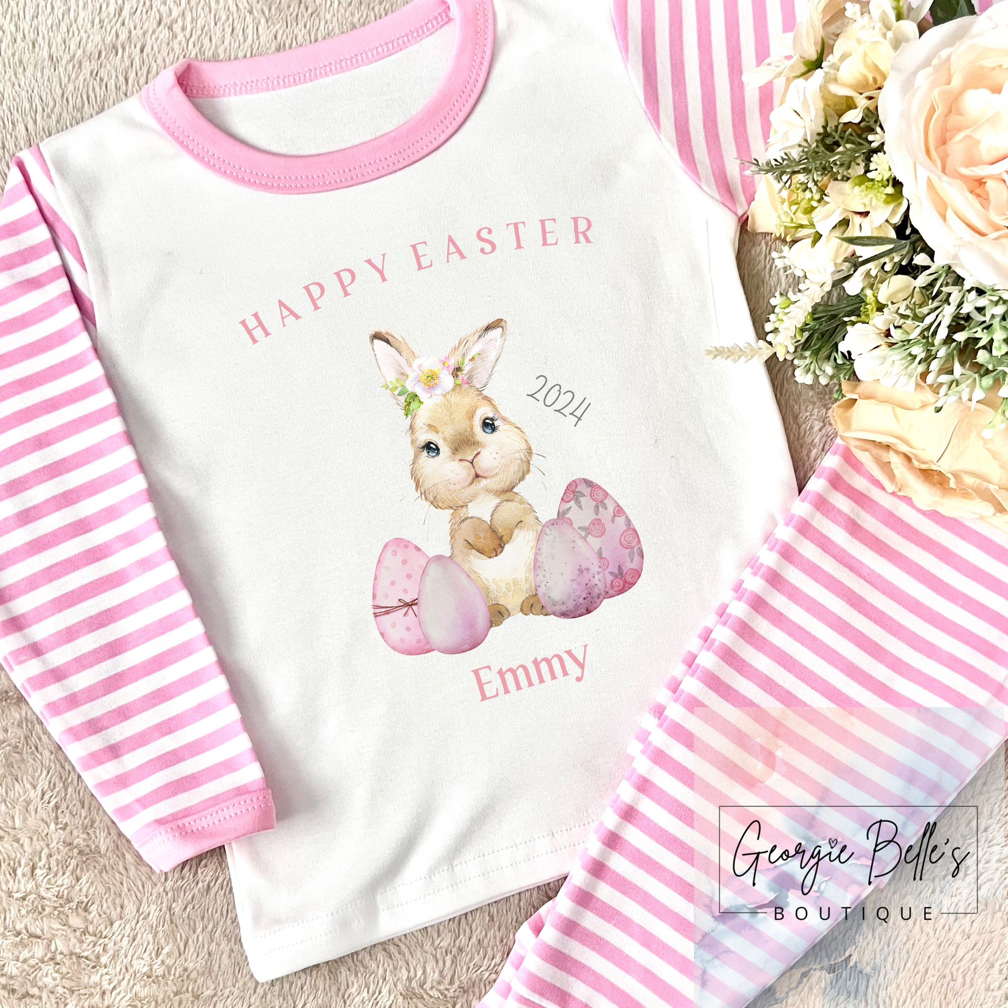 Personalised Easter Pyjamas - Happy Easter Pink Bunny Design