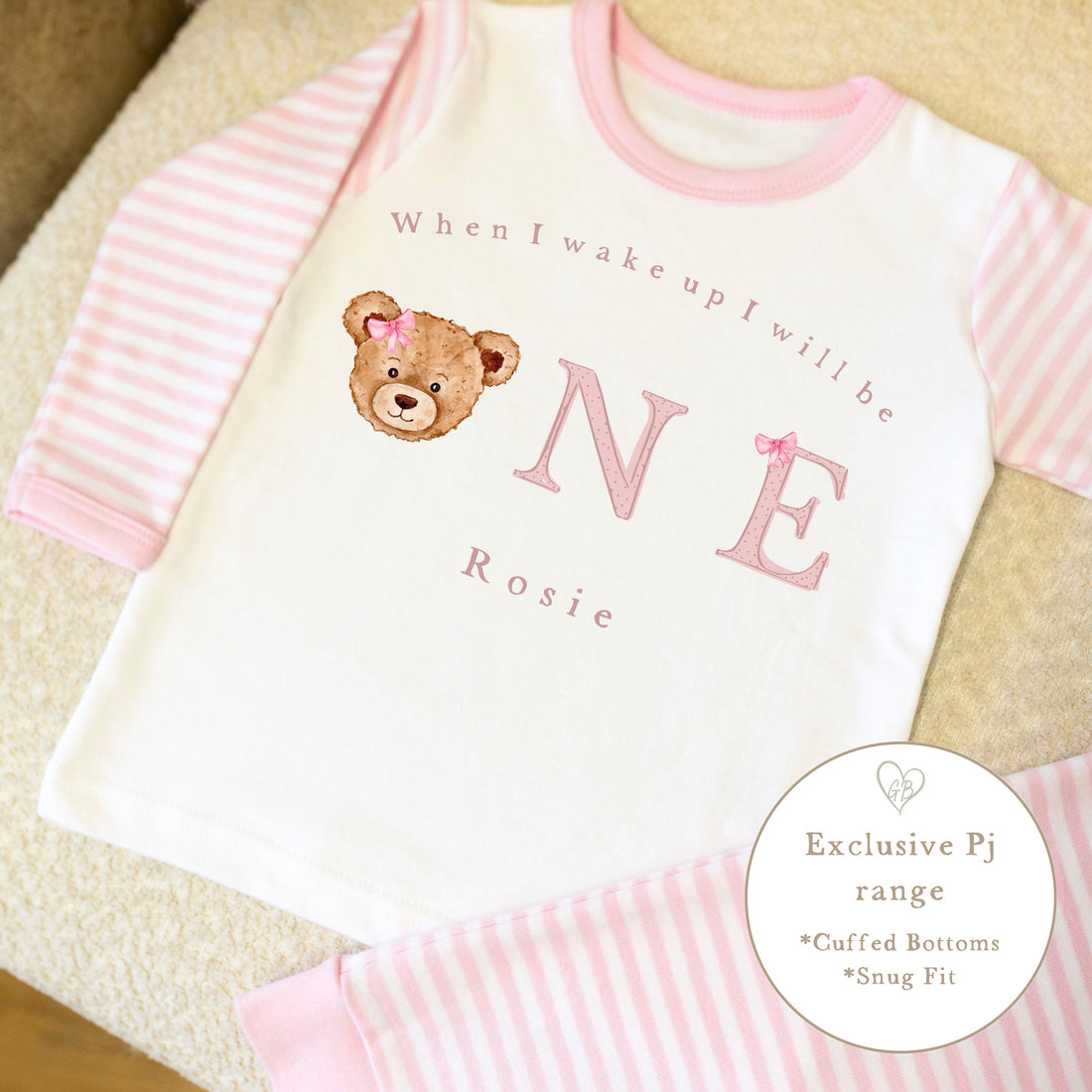 Pink & White Striped Personalised Birthday Pyjamas - Pink Bear Word Design