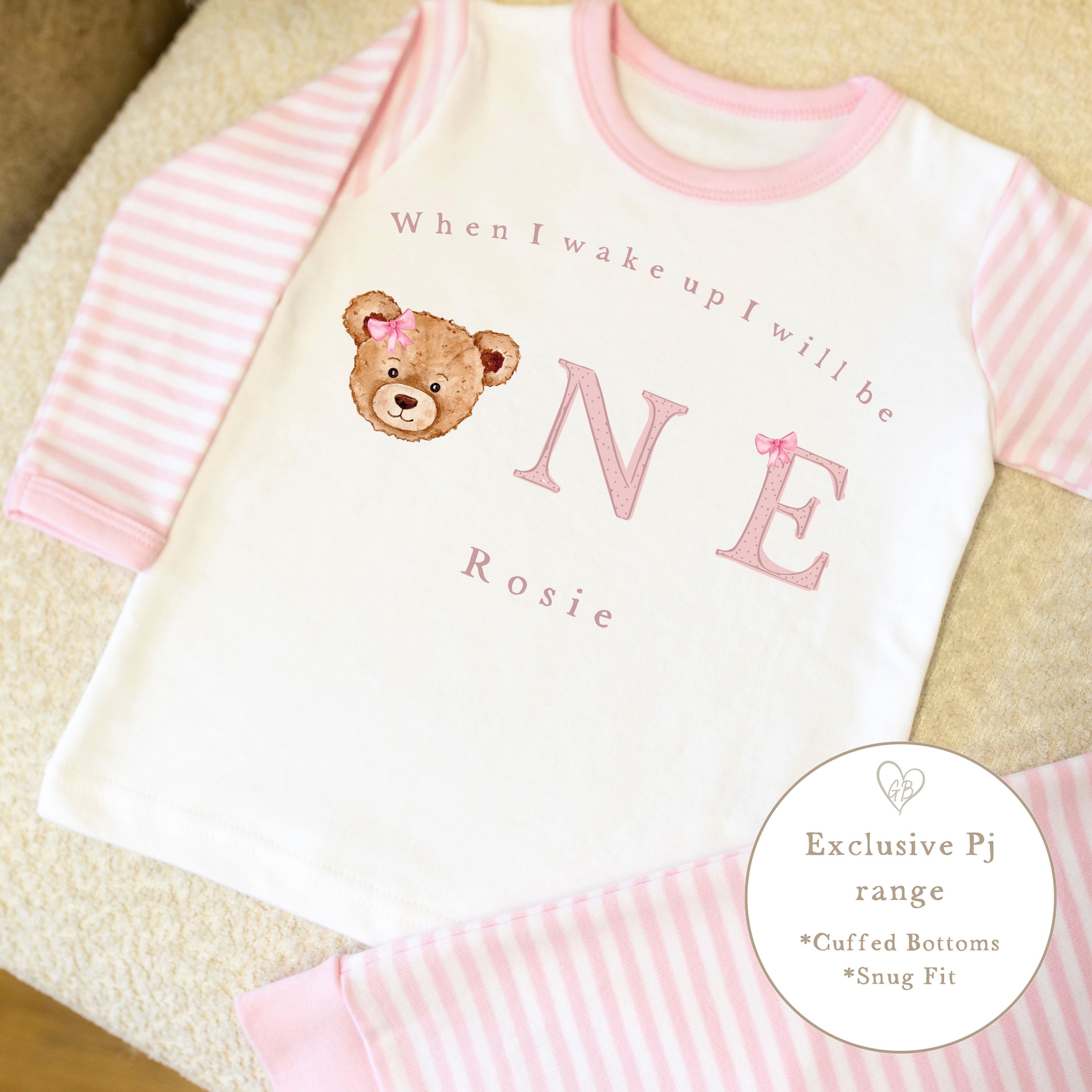 Pink &amp; White Striped Personalised Birthday Pyjamas - Pink Bear Word Design
