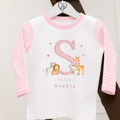 Personalised Girls Gifting Pyjamas Pink Stripe - Safari Initial Design