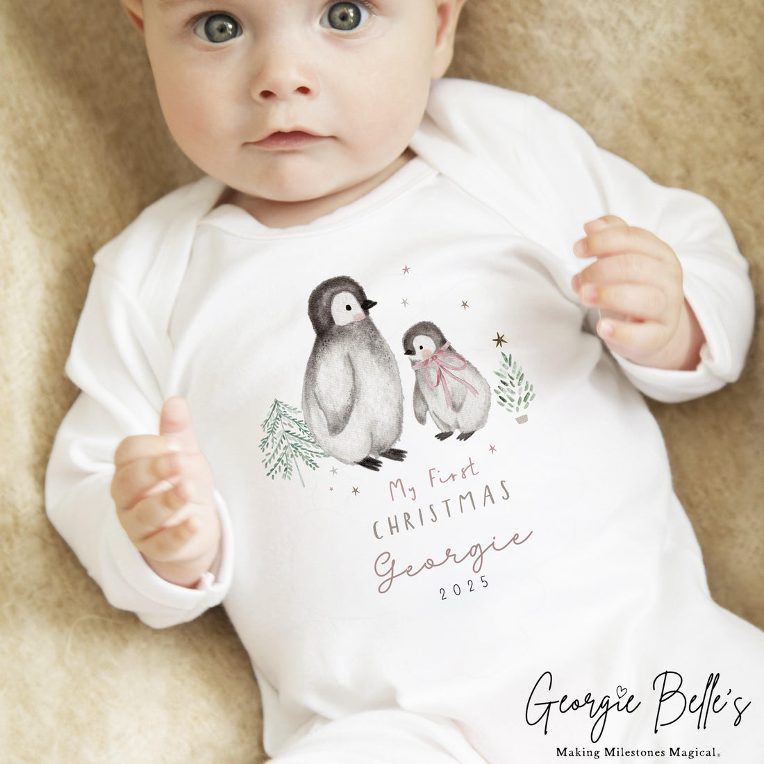 Personalised Christmas Sleepsuit / Bodysuit - First Christmas Pink Penguin Design