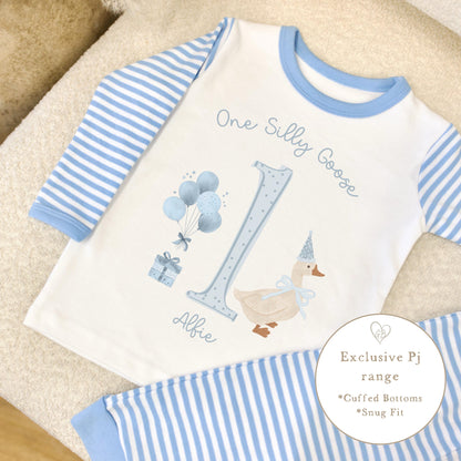 Personalised Blue Stripe Birthday Pyjamas - One Silly Goose Design
