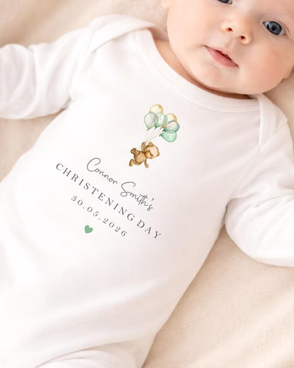 Personalised Christening Babygrow - Sage Bear Balloon Design