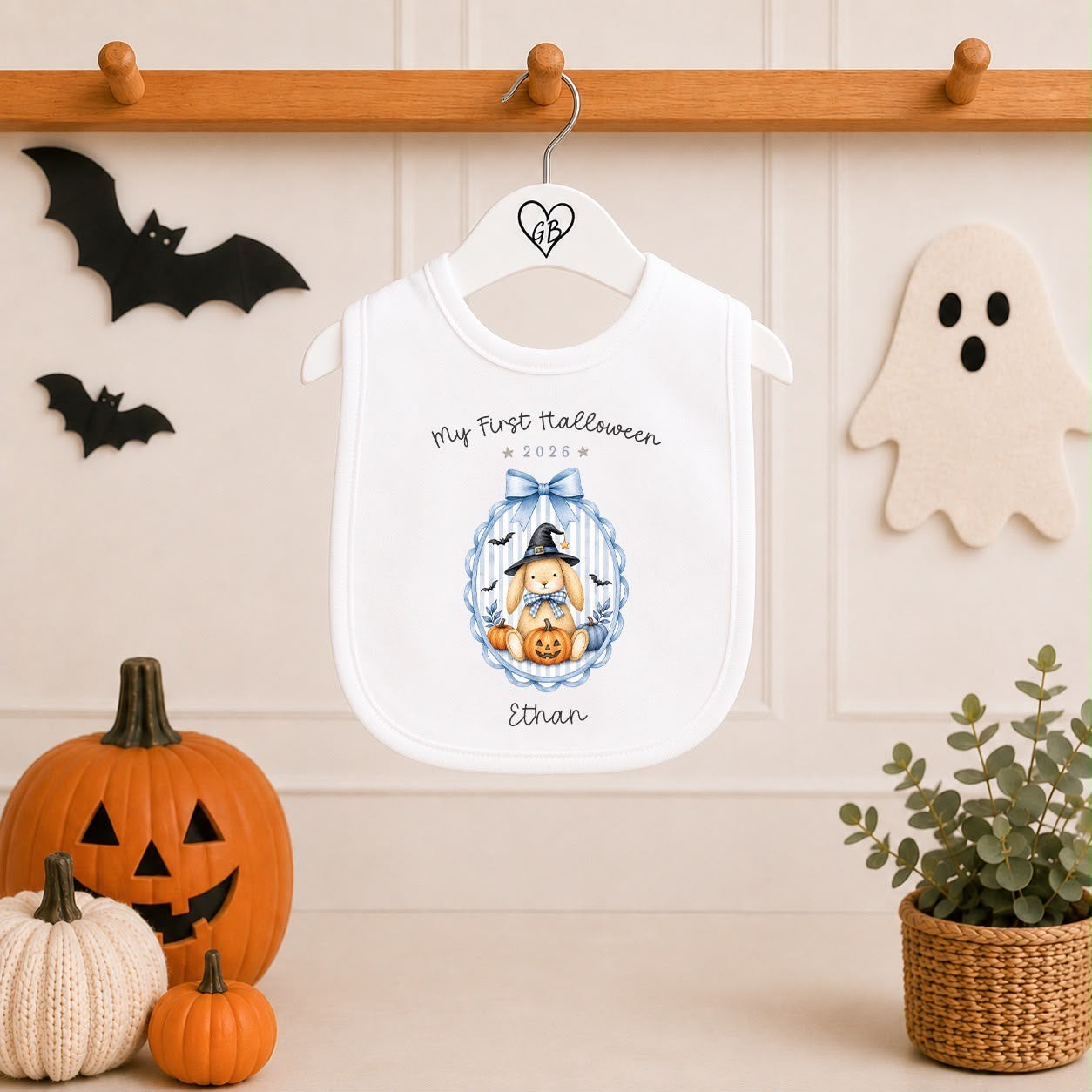 Personalised Halloween Babygrow | My First Halloween Baby Outfit | Blue Bunny Wreath Design