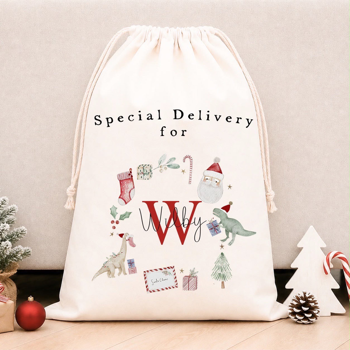 Luxury Personalised Premium Cotton Christmas Sack | Personalised Santa Sack | Dinosaur Wreath Design