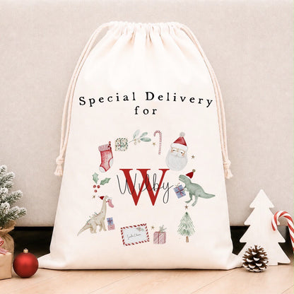 Luxury Personalised Premium Cotton Christmas Sack | Personalised Santa Sack | Dinosaur Wreath Design