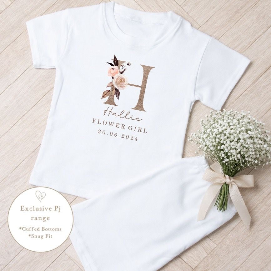 Personalised Flower Girl Short Set Pyjamas - Linen Initial Design