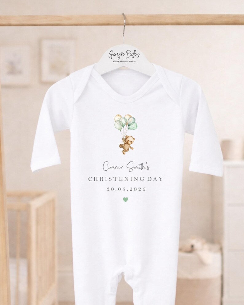 Personalised Christening Babygrow - Sage Bear Balloon Design