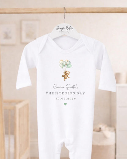 Personalised Christening Babygrow - Sage Bear Balloon Design