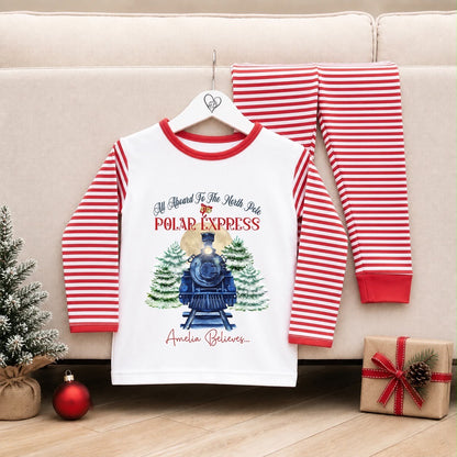 Personalised Christmas Pyjamas for Kids | 100% Cotton Red Stripe | Polar Express Design