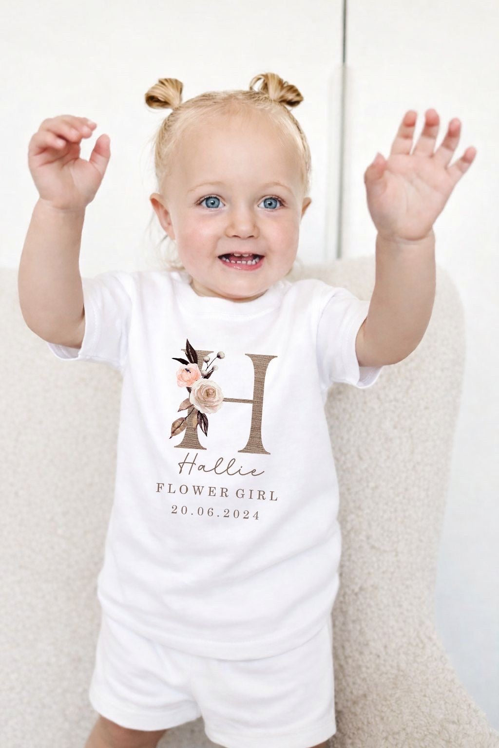 Personalised Flower Girl Short Set Pyjamas - Linen Initial Design