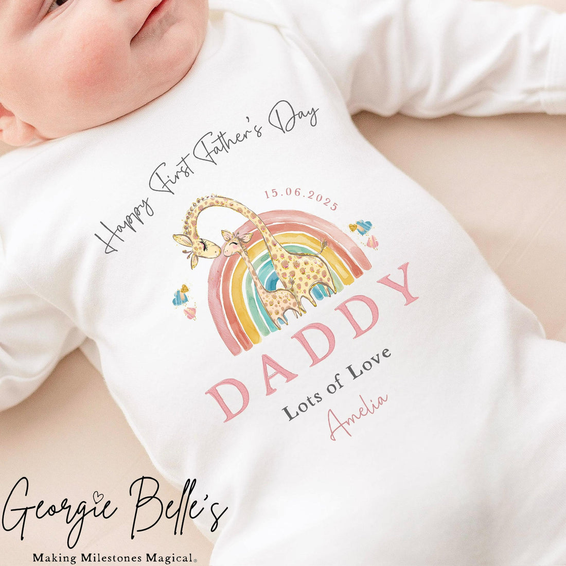 Personalised Father’s Day Baby Vest / Babygrow - Pink Giraffe Rainbow Design