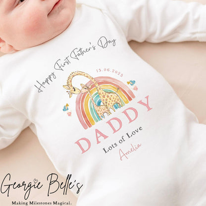 Personalised Father’s Day Baby Vest / Babygrow - Pink Giraffe Rainbow Design