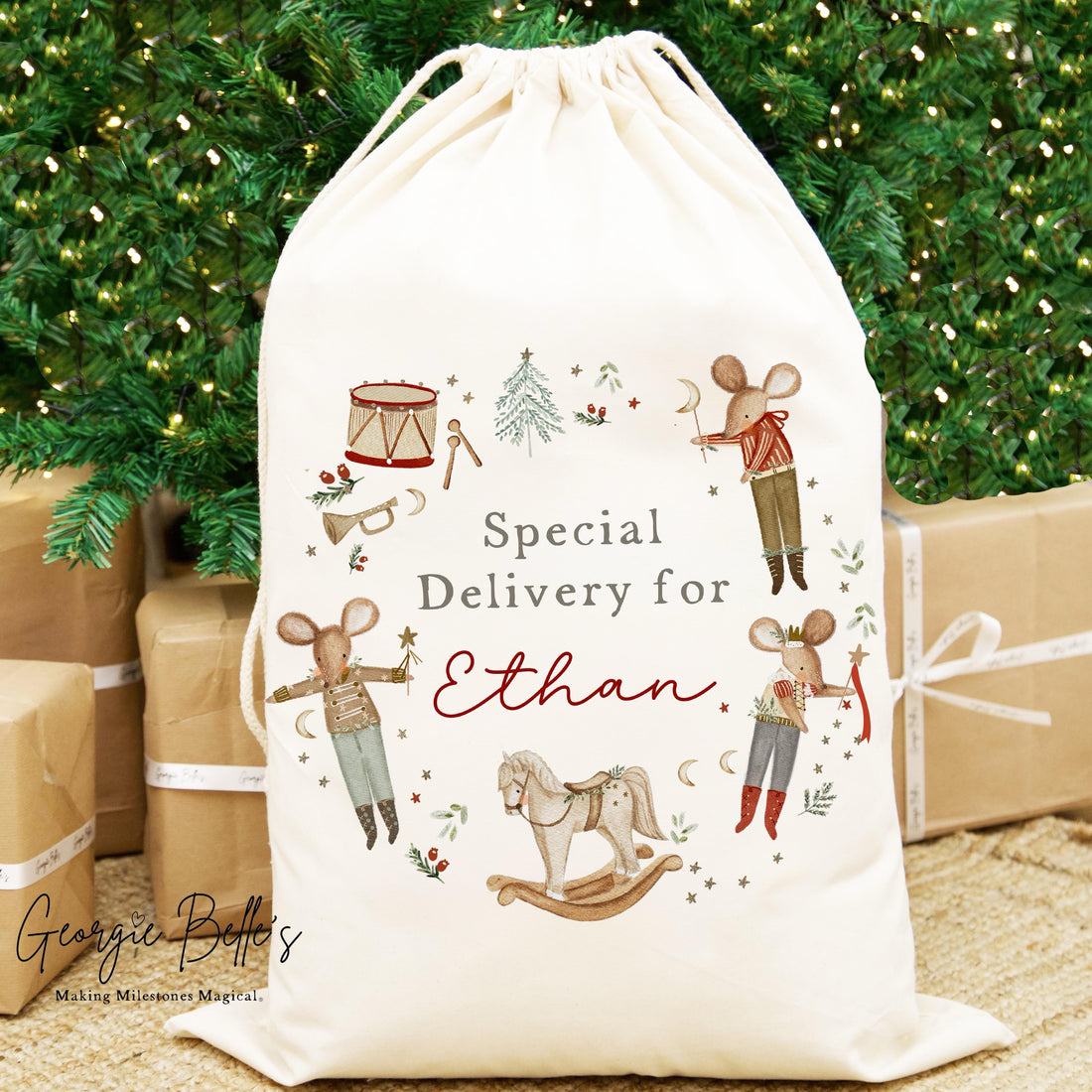 Personalised Luxury Premium Cotton Christmas Sack - Red Mice Wreath Design