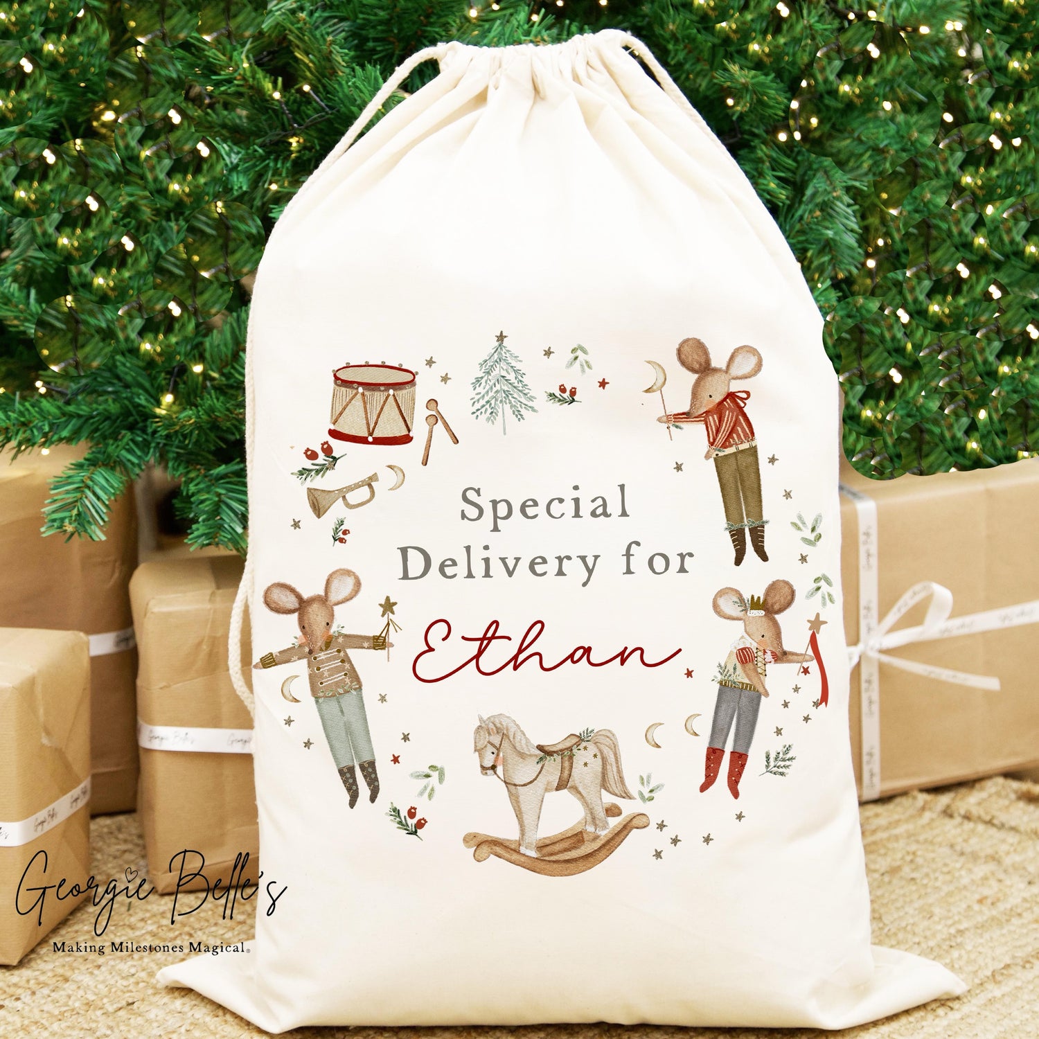 Personalised Luxury Premium Cotton Christmas Sack - Red Mice Wreath Design
