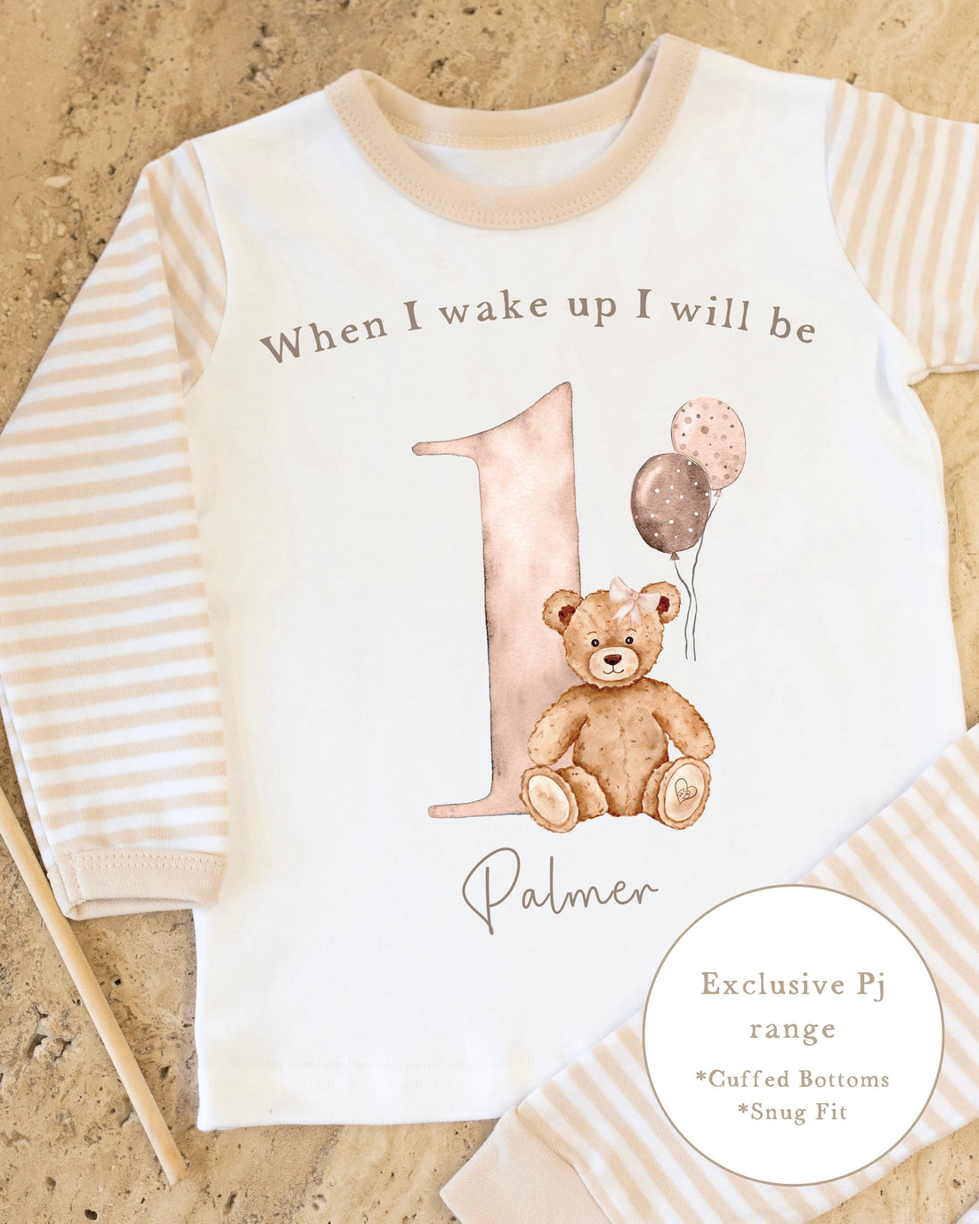 Personalised Beige Stripe Birthday Pyjamas - Beige Bear with Bow Design