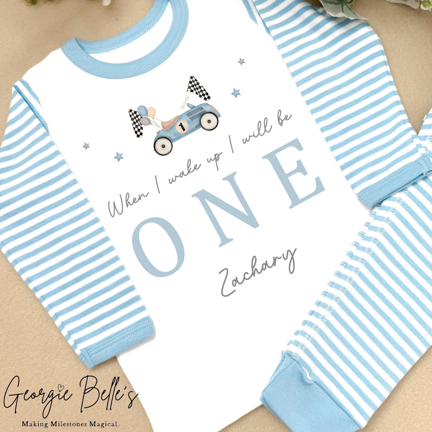 Personalised Blue Stripe Birthday Pyjamas - Blue Car Design
