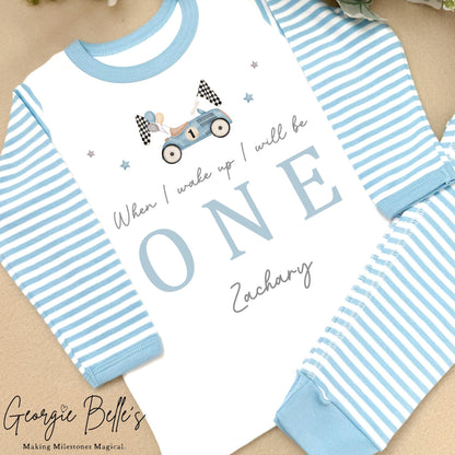 Personalised Blue Stripe Birthday Pyjamas - Blue Car Design