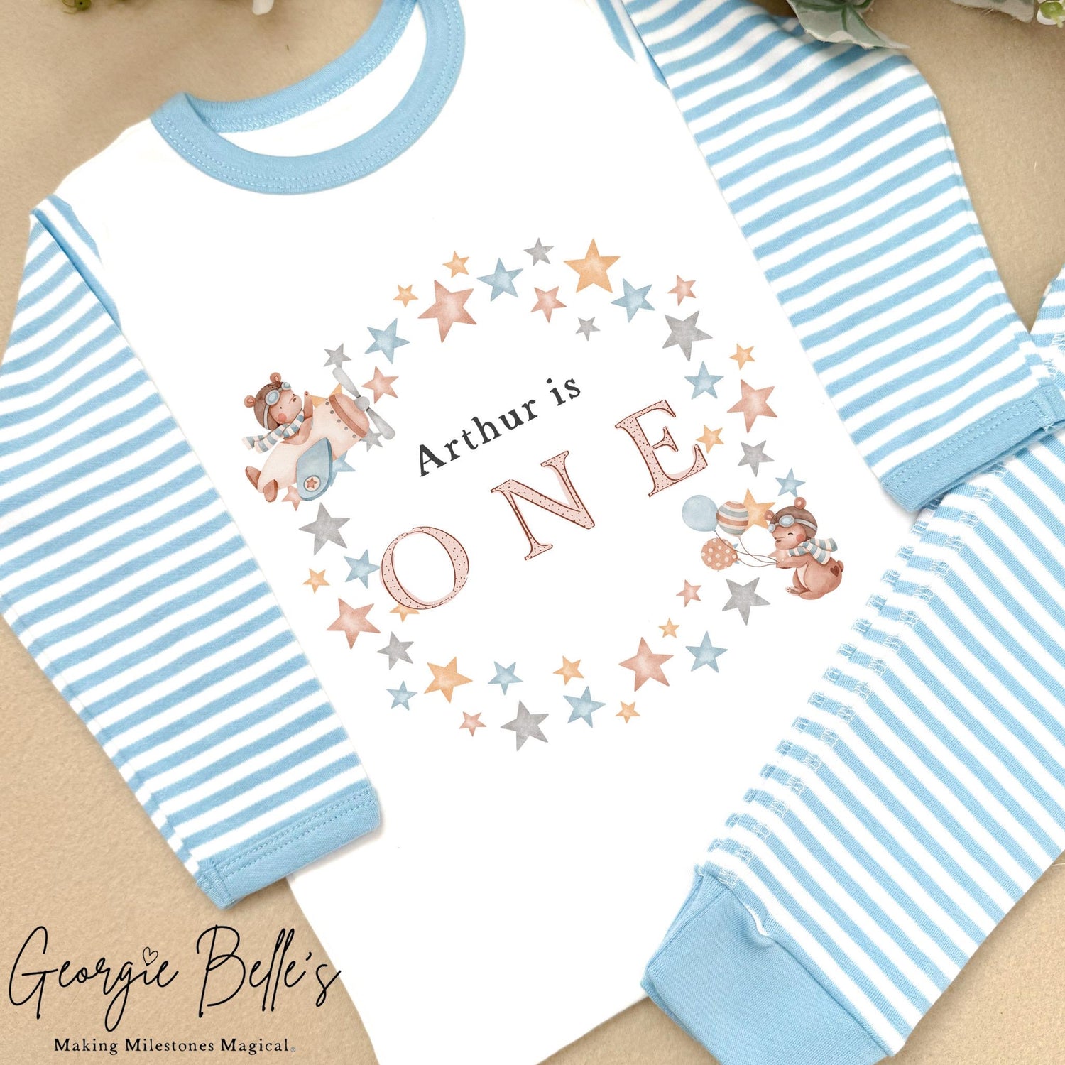 Personalised Blue Stripe Birthday Pyjamas - Blue Star Wreath Design