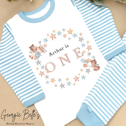 Personalised Blue Stripe Birthday Pyjamas - Blue Star Wreath Design