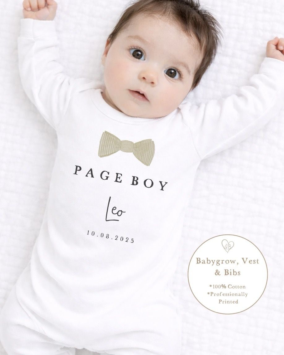 Personalised Page Boy Babygrow / Short Sleeve Vest - Champagne Bow tie Design