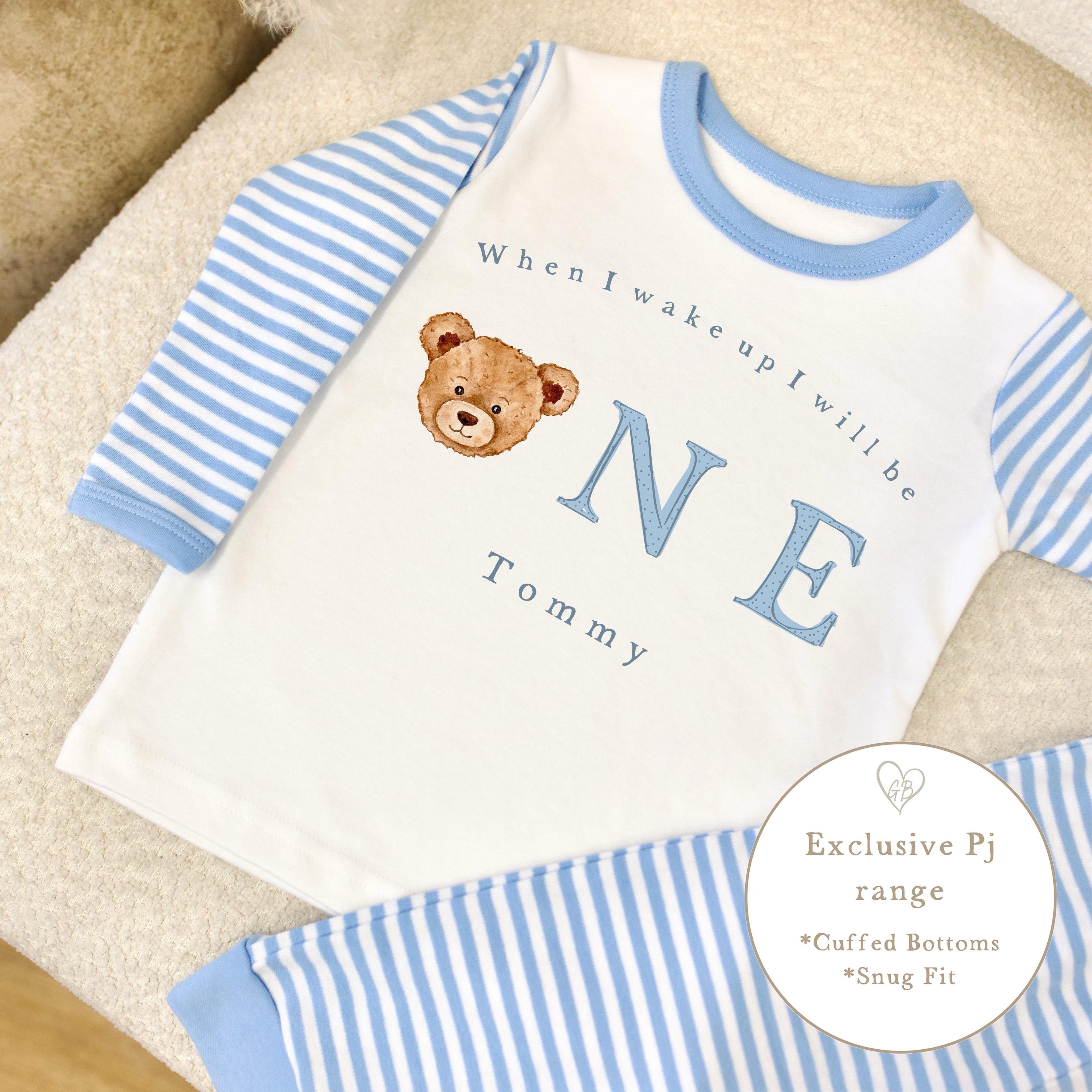 Blue &amp; White Striped Personalised Birthday Pyjamas - Blue Bear Word Design