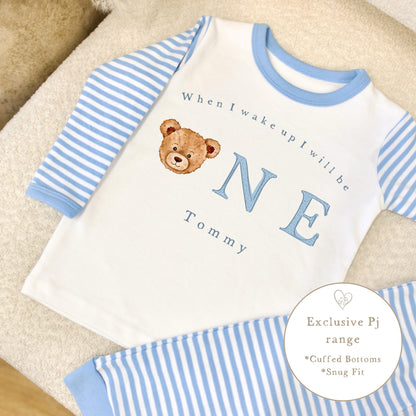 Blue &amp; White Striped Personalised Birthday Pyjamas - Blue Bear Word Design