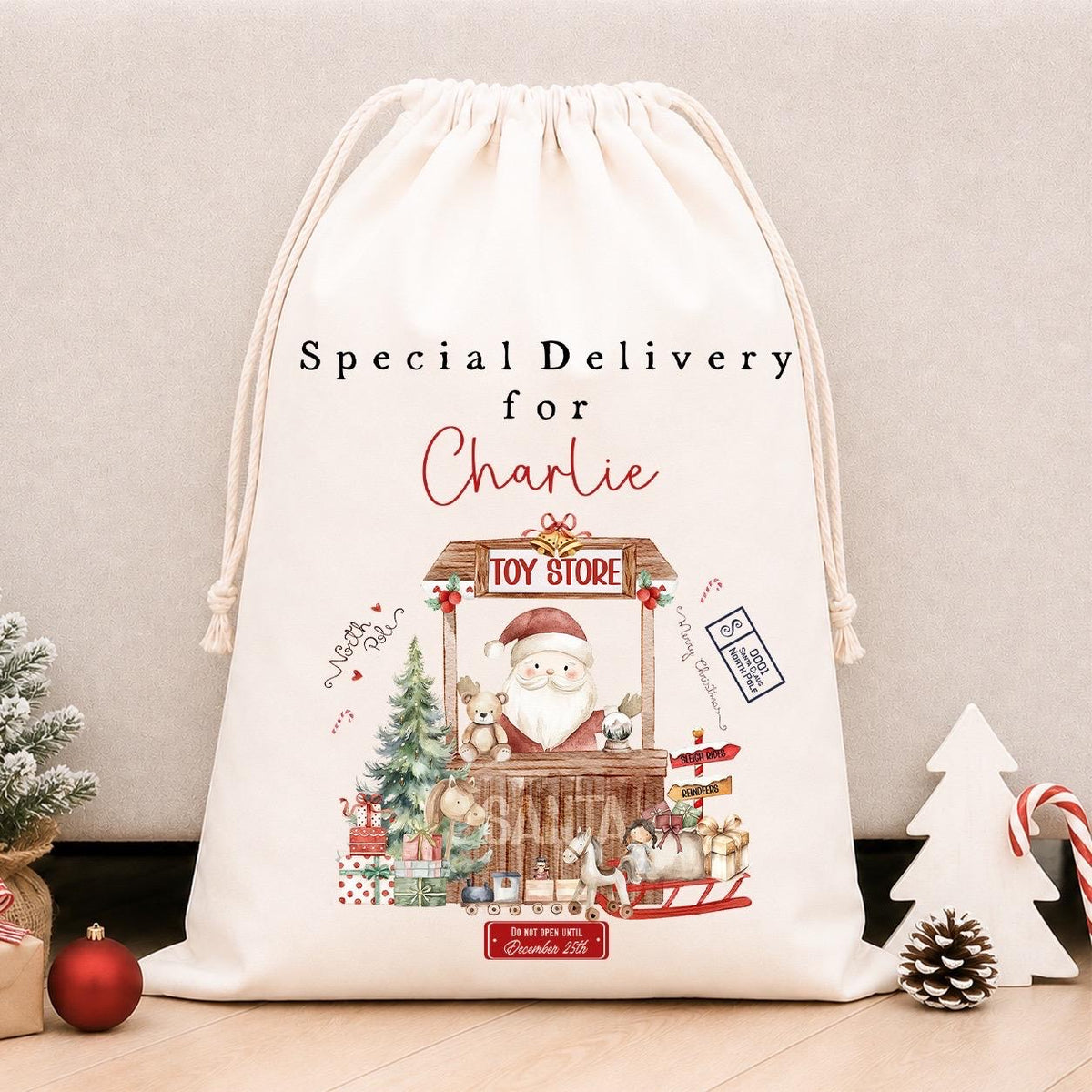 Luxury Personalised Premium Cotton Christmas Sack | Personalised Santa Sack | Toy Store Design