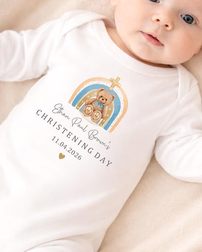 Personalised Christening Babygrow - Blue Teddy Rainbow Design