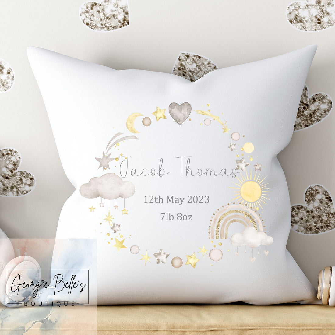 Personalised Baby Cushion - Nude Rainbow Wreath Nursery Cushion