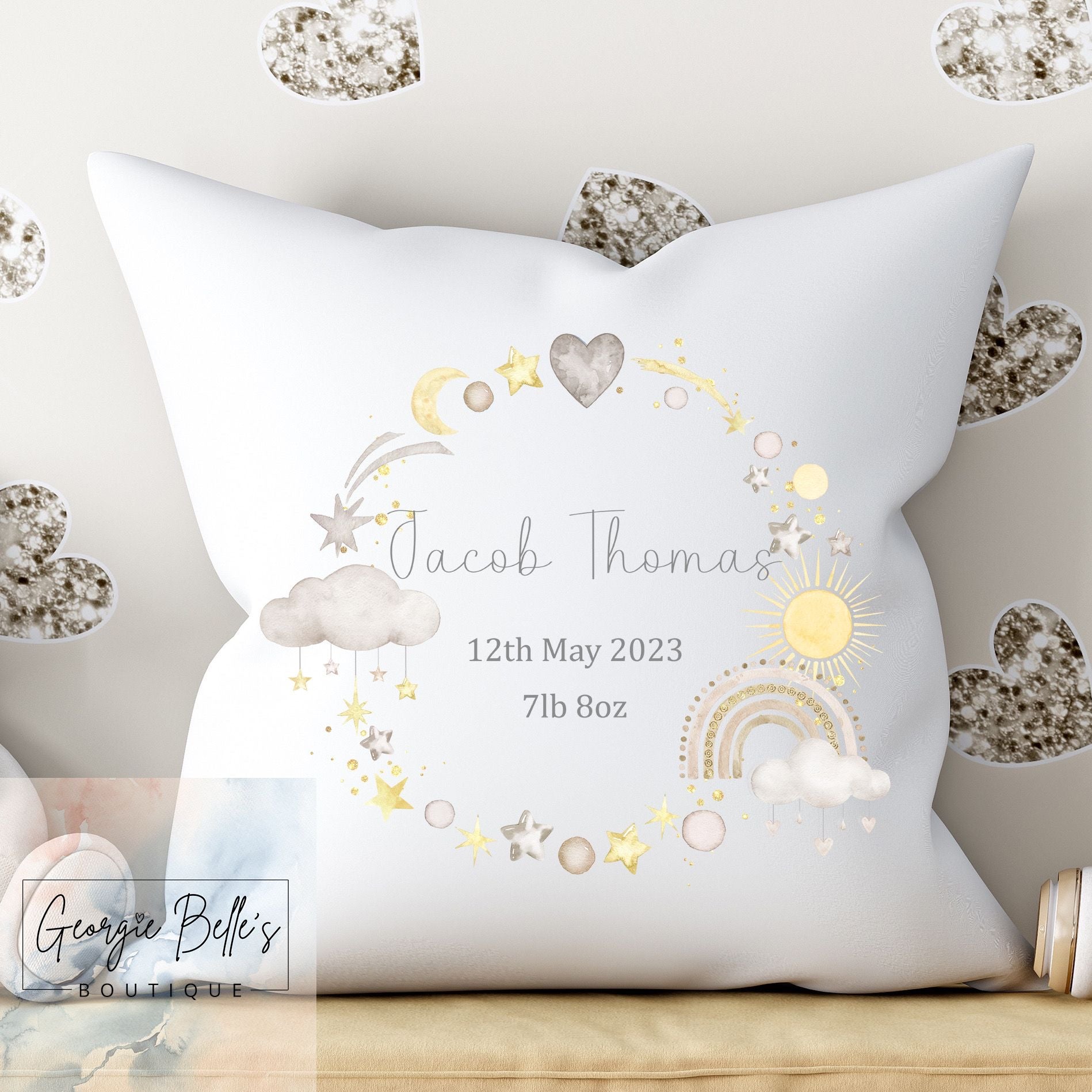 Personalised Baby Cushion - Nude Rainbow Wreath Nursery Cushion