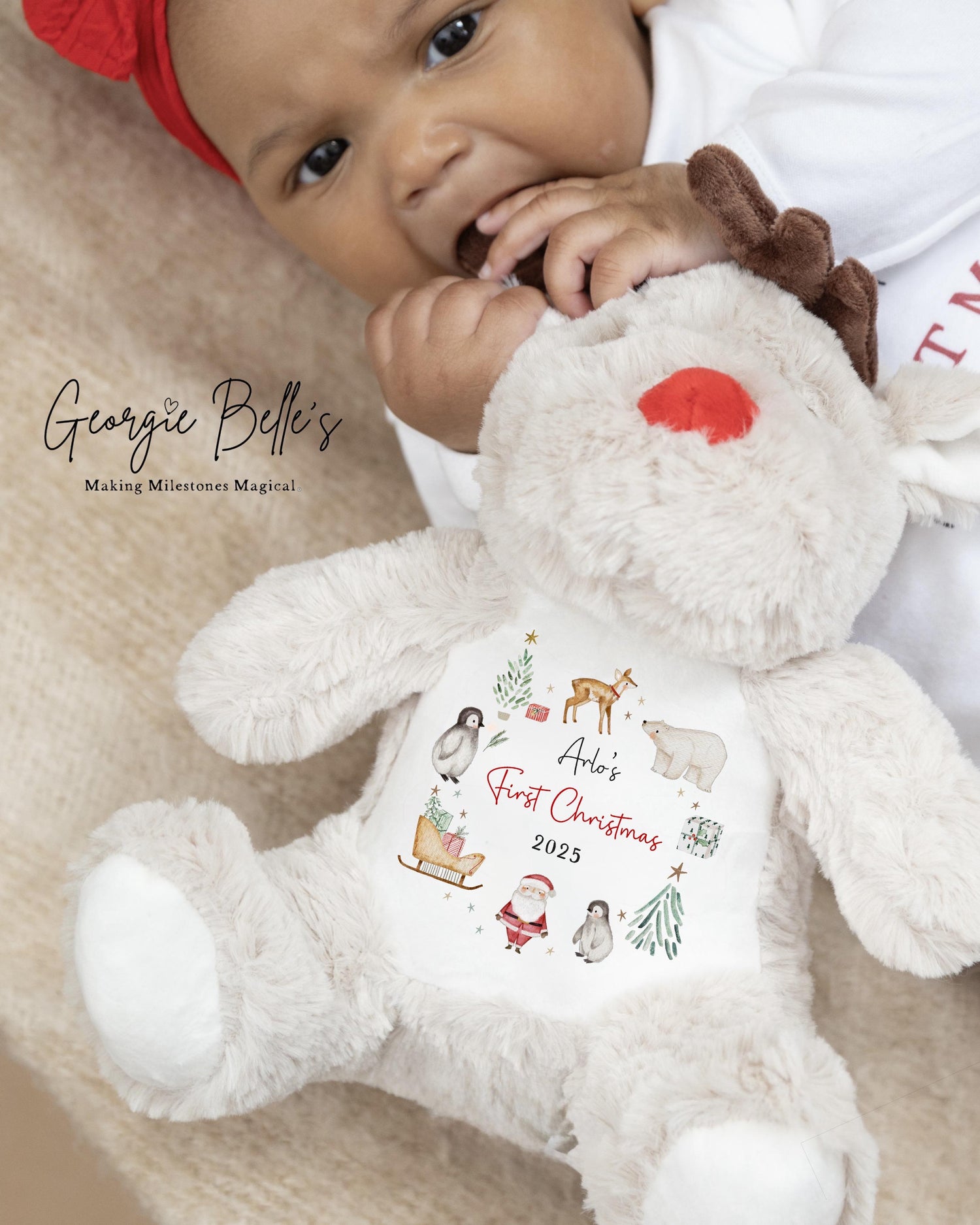 First Christmas Personalised Reindeer - Polar Bear Wreath Design