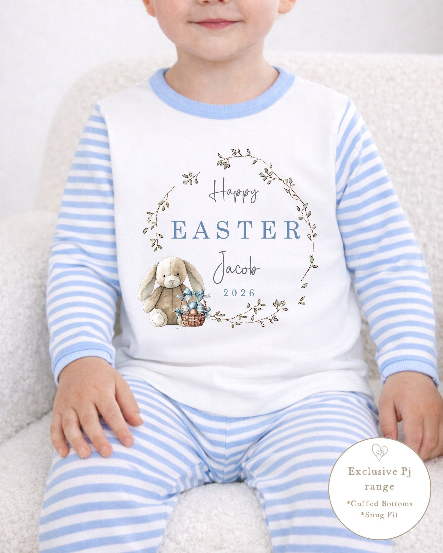 Personalised Blue Stripe Easter Pyjamas - Bunny Wreath Design