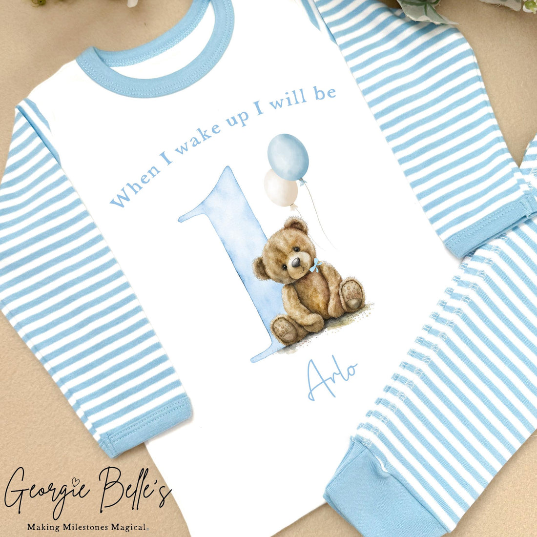 Personalised Blue Stripe Birthday Pyjamas - Blue Bear Design
