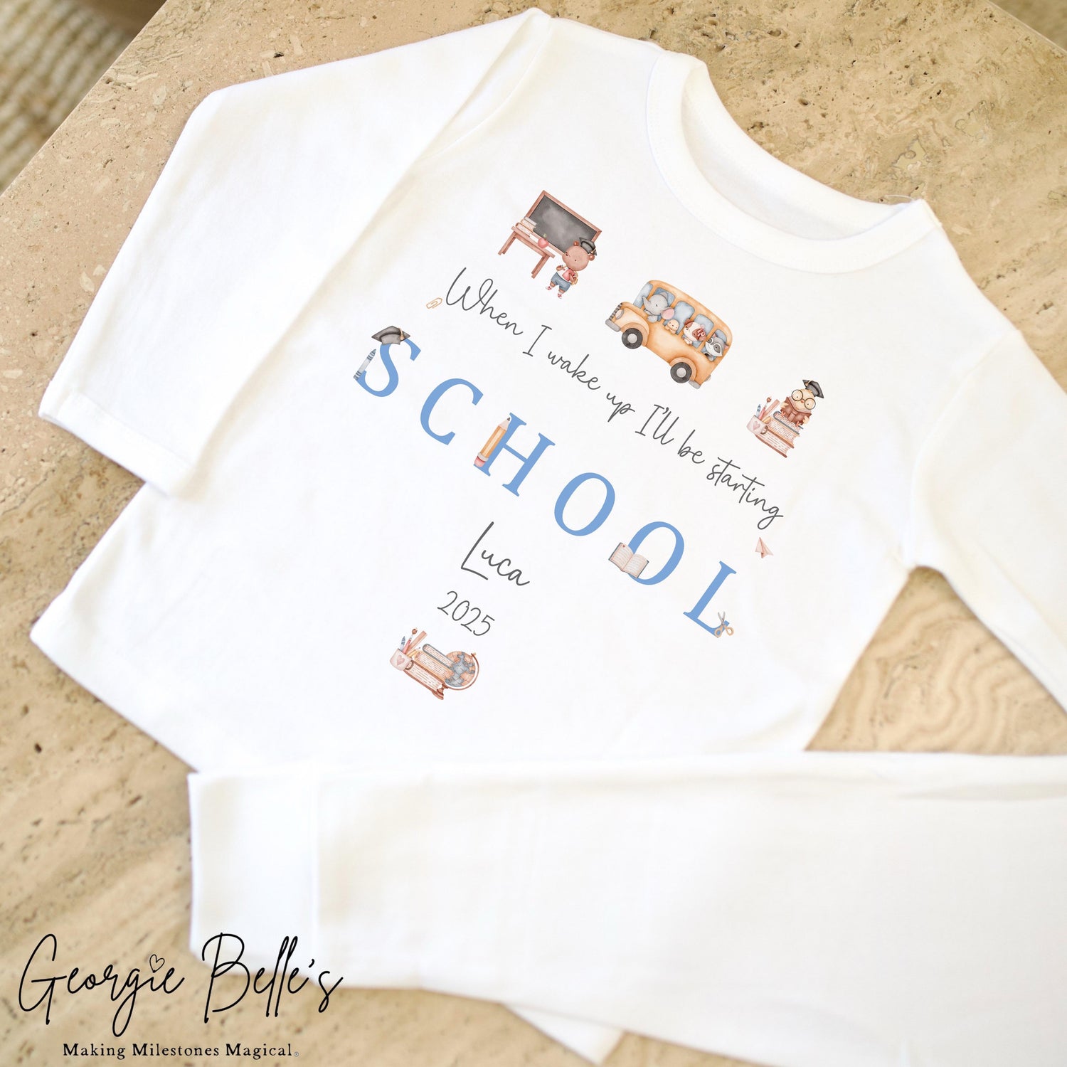 Personalised Starting School Pyjamas - White Traditional Blue Design