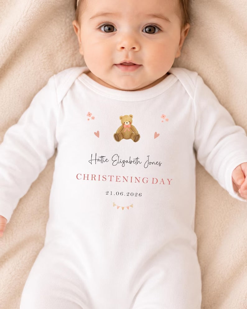 Personalised Christening Babygrow - Pink Bear Design