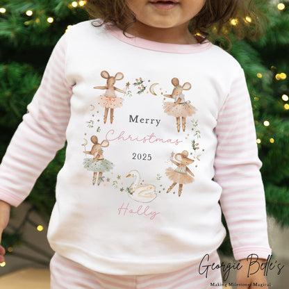 Personalised Pink Stripe Christmas Pyjamas - Pink Mouse Wreath Design