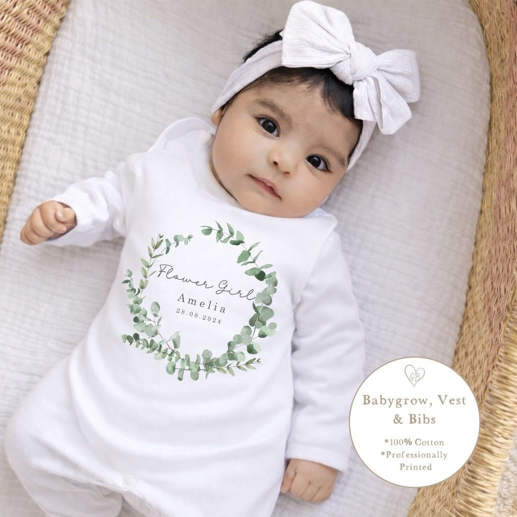 Personalised Flower Girl Babygrow / Short Sleeve Vest - Eucalyptus Wreath Design