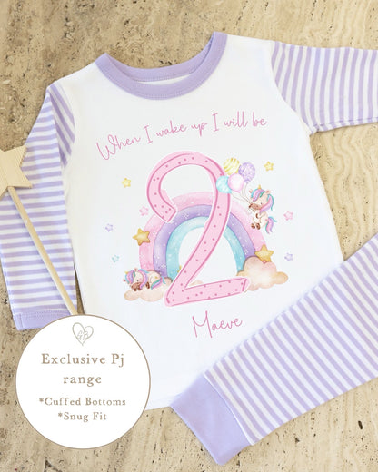 Lilac &amp; White Striped Personalised Birthday Pyjamas - Pastel Unicorn Design