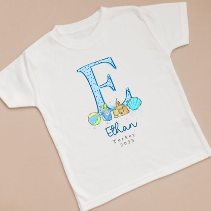 Personalised Holiday T-Shirt - Blue Beach Theme Design