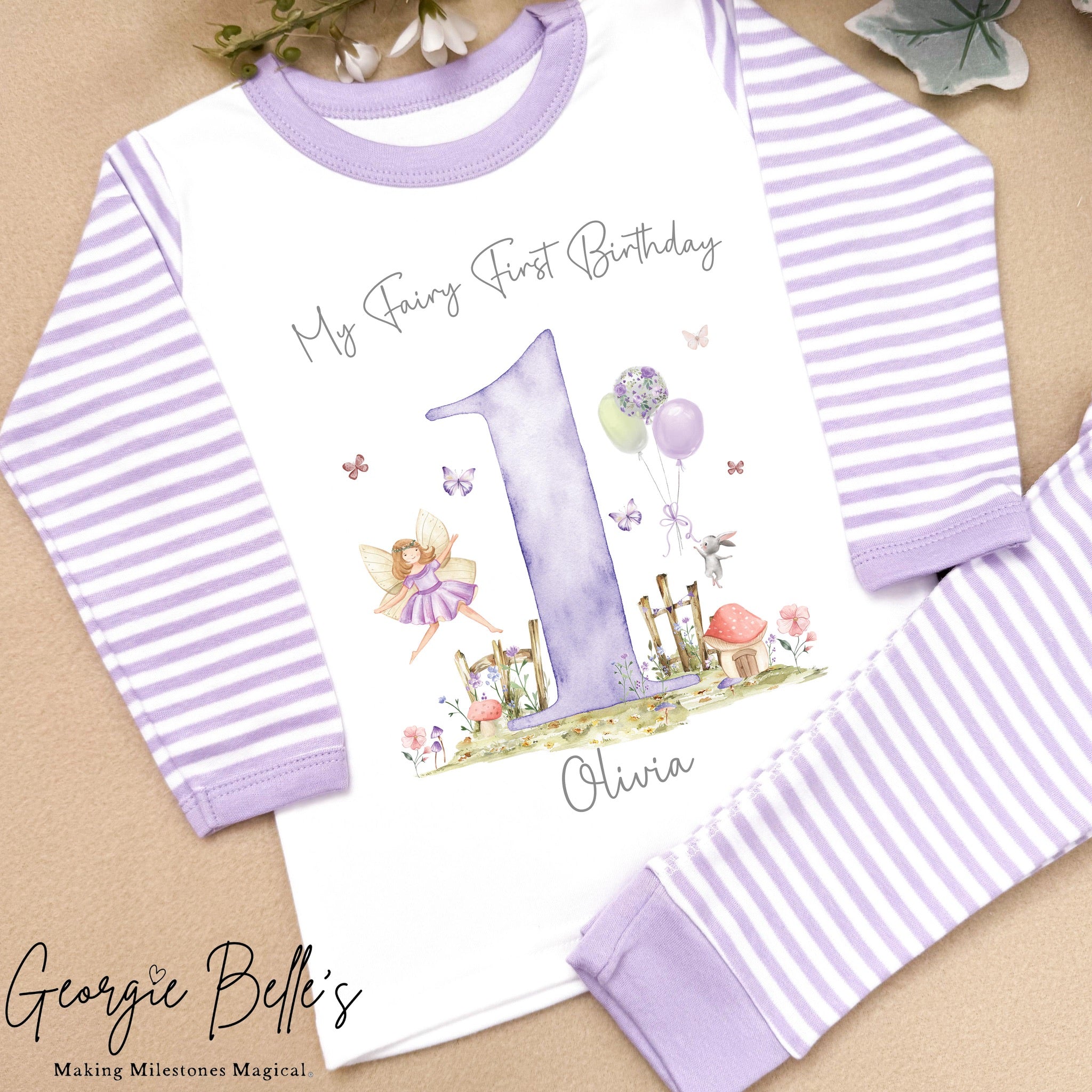 Personalised Lilac Stripe Birthday Pyjamas - Lilac My Fairy First Design