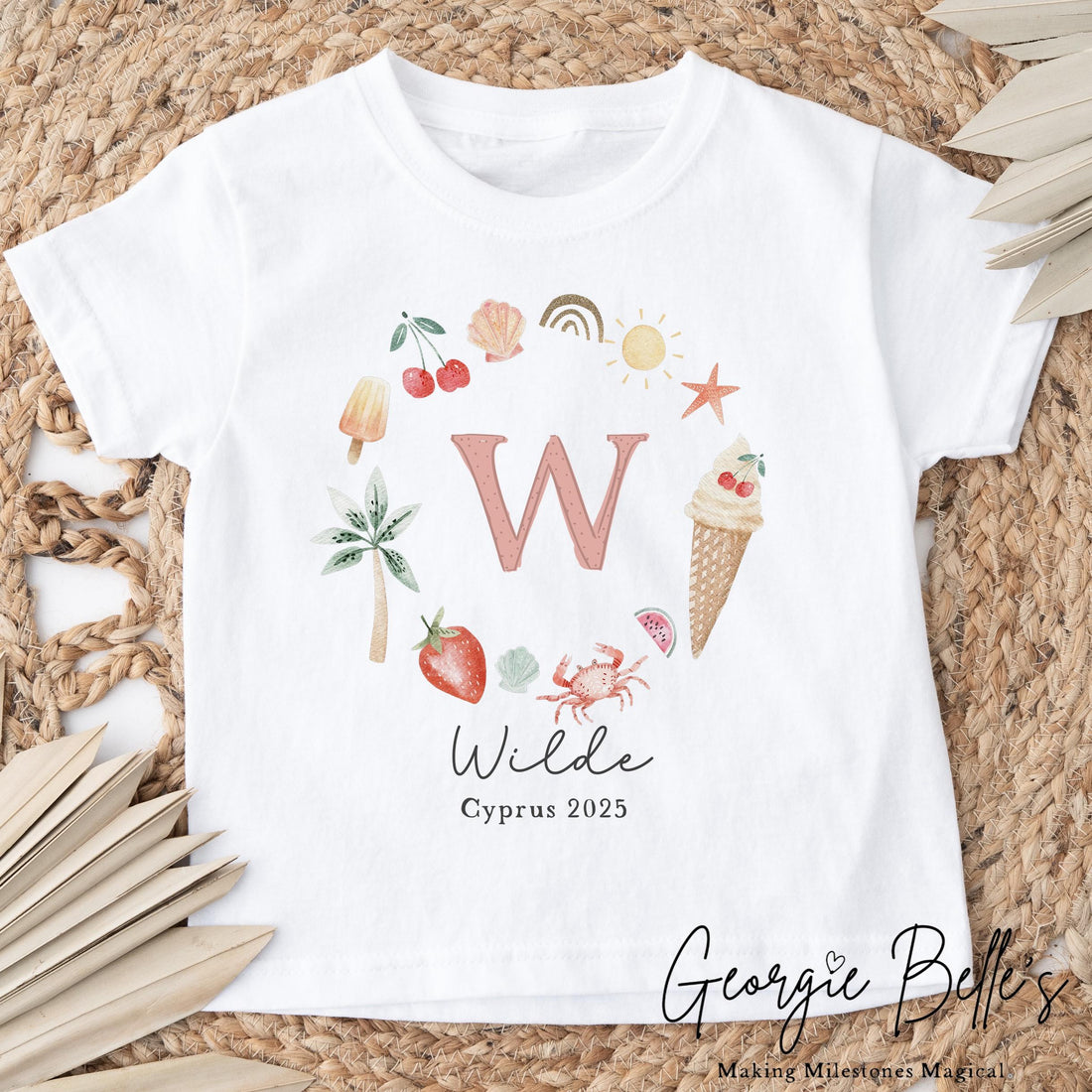 Personalised Holiday T-Shirt - Girls Initial Wreath Design