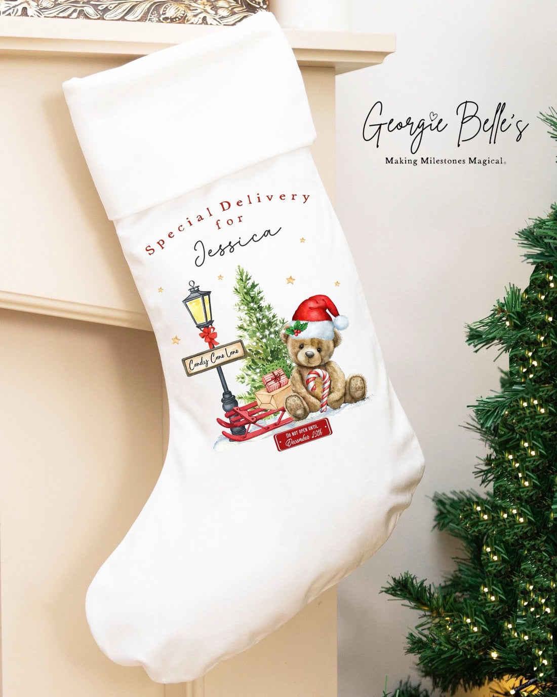 Personalised Luxury Christmas Stocking - Red Bear Design
