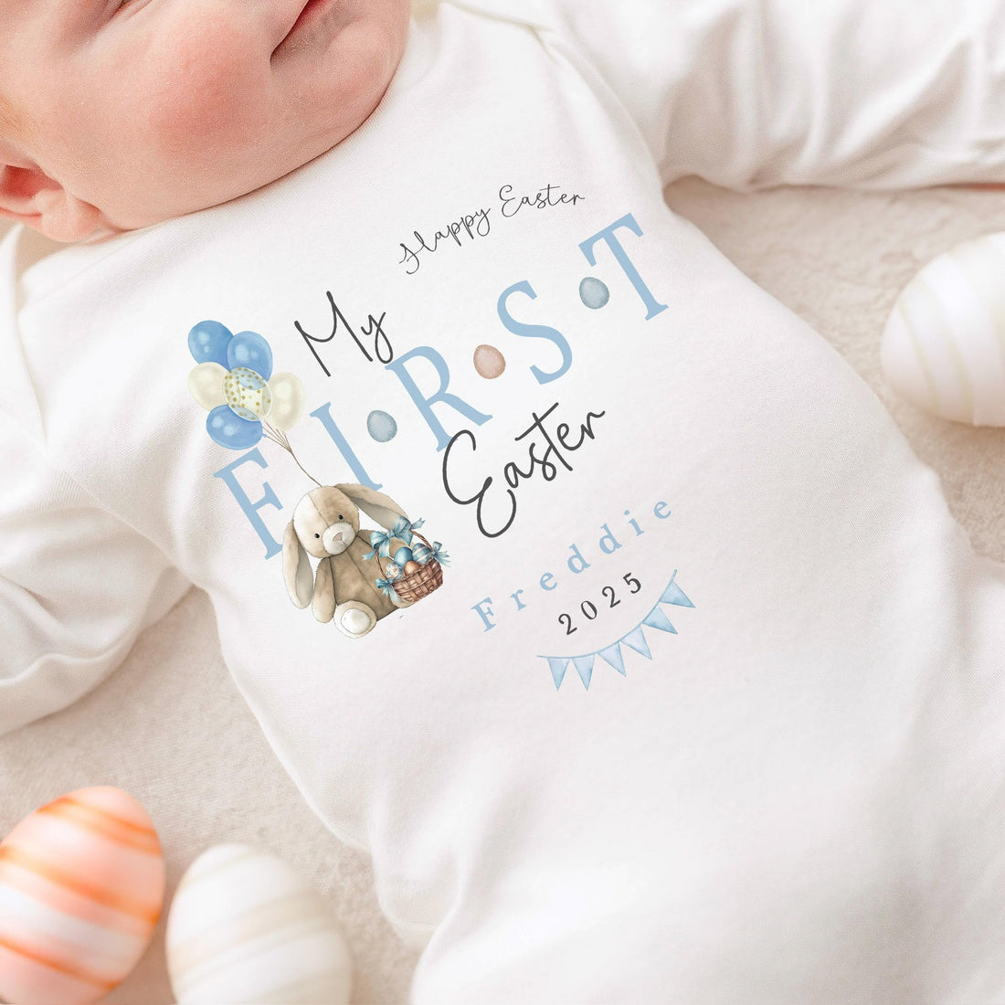 Personalised Easter Baby Vest / Babygrow - First Easter Blue Bunny Design