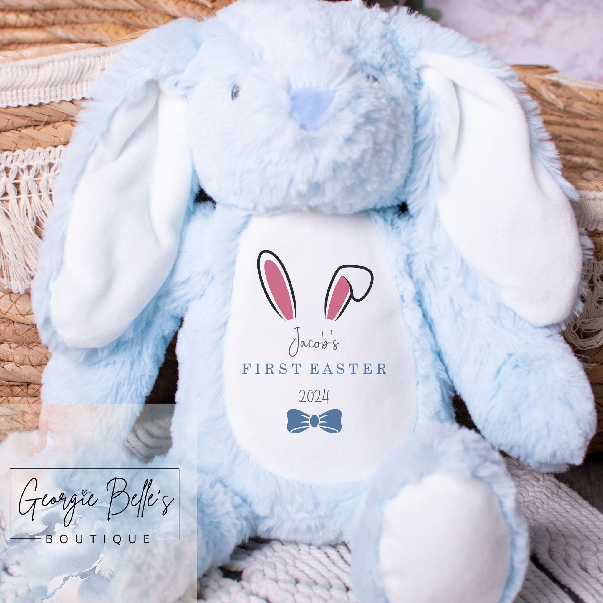 Personalised Blue Easter Bunny Soft Toy - Blue Bunny Ears Design
