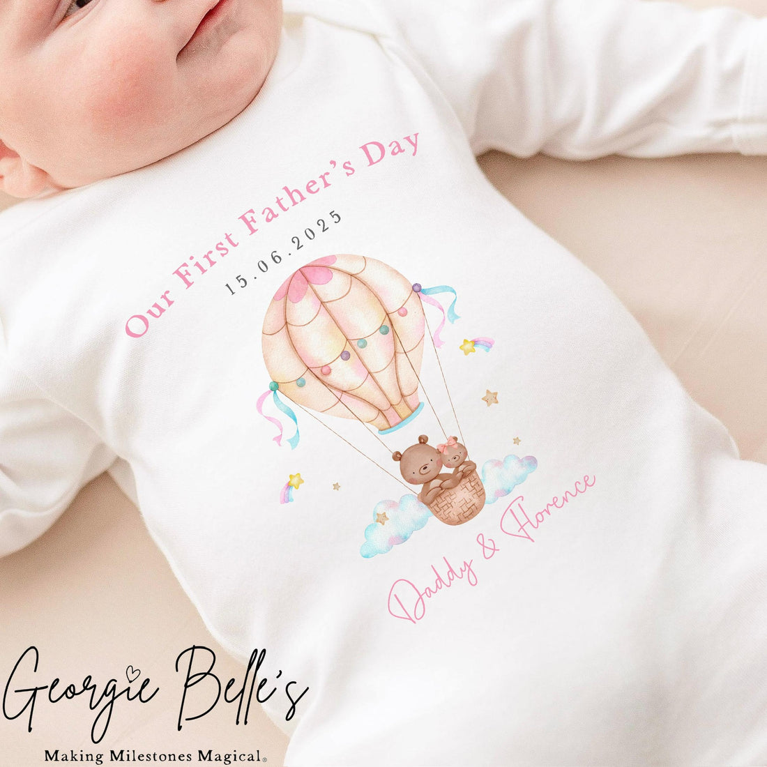 Personalised Father’s Day Baby Vest / Babygrow - Pink Hot Air Balloon Design