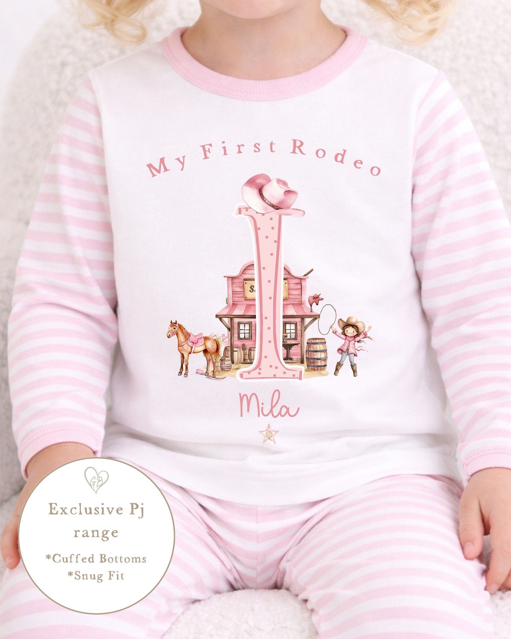 Personalised Pink Stripe Birthday Pyjamas - My First Rodeo Design